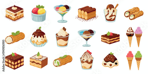 Italian desserts and ice cream assortment in modern flat isometric vector design isolated for advertising and digital media