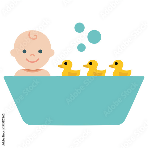 Infant bathing with duck toys icon for baby products flat design style vector illustration