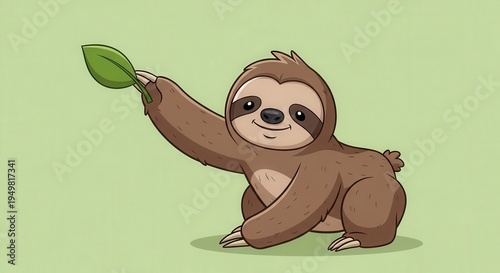 Adorable Sloth Holding a Leaf in a Charming Cartoon Illustration