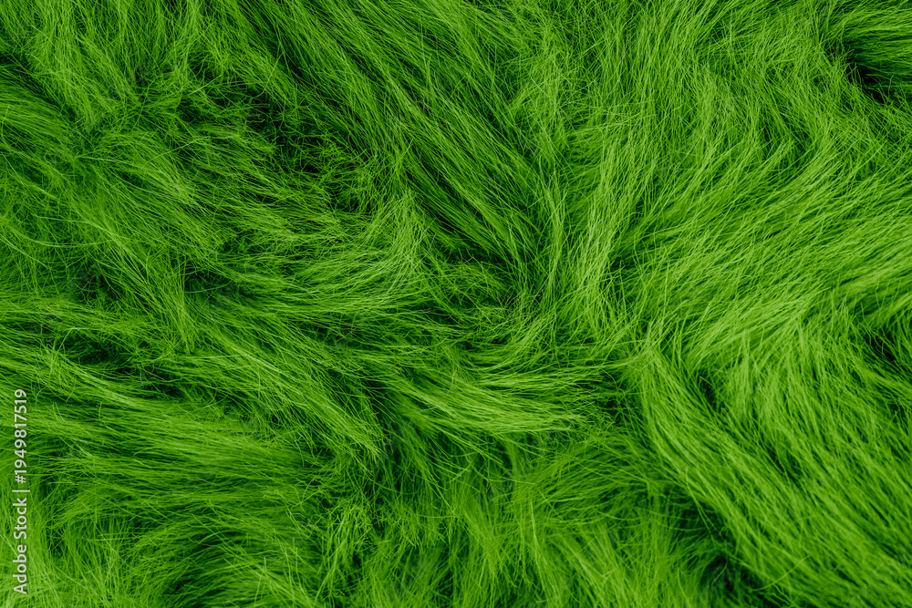 Obraz premium Vibrant green fluffy faux fur textile background with long soft wavy flowing fibers