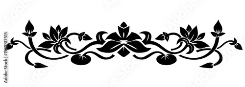 High-contrast black vector of a symmetrical floral border. The illustration features flowing vines, lotus-like buds, and stylized leaves, inspired by traditional "Lai Kanok" patterns.