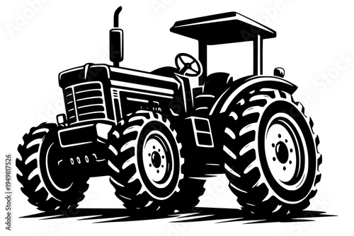 High-contrast black vector of a heavy-duty agricultural tractor. The illustration features a classic design with large treaded tires, a front grill, a smokestack, and an open driver's cabin