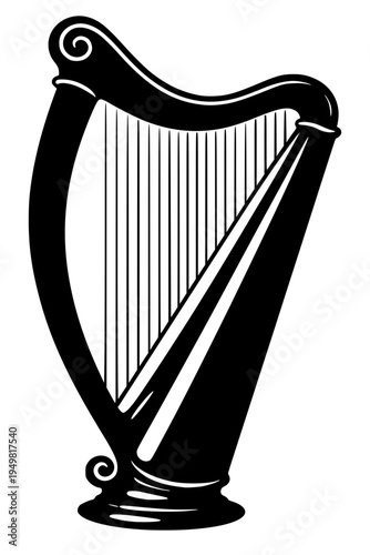 High-contrast black vector of a classical harp. The illustration features graceful curves, a sturdy pillar, and fine vertical strings, capturing the intricate design of the orchestral instrument.