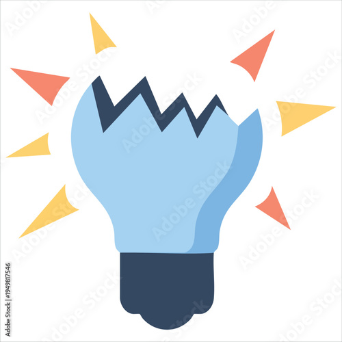 Broken lightbulb with sparks in flat vector illustration symbolizing failed ideas and business mistakes isolated on white background