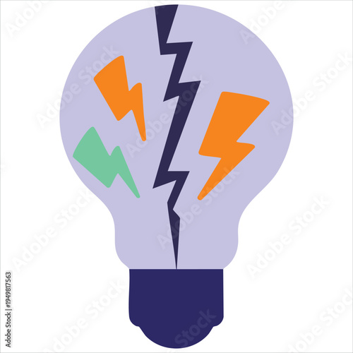 Damaged light bulb with energy sparks flat vector illustration for failure concepts isolated on white background