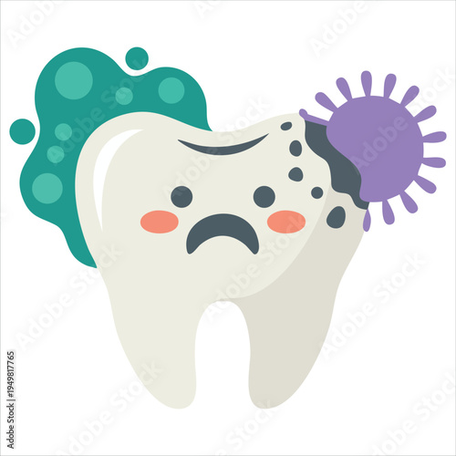 Tooth character crying because of germs for tooth decay vector illustration children dental clinic poster template design with cracked teeth
