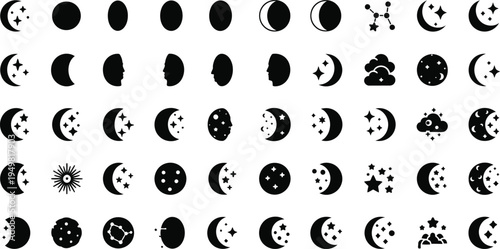 Black celestial icons including moon phases and stars on transparent layer