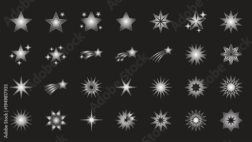 Silver star and shooting star icons on black background vector set
