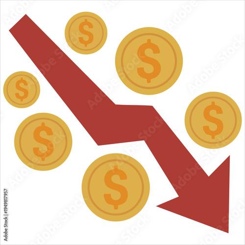 Illustration of red indicator falling with money for financial loss concept