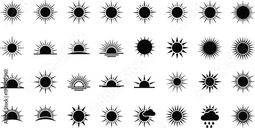 Sun vector icons set. weather forecast sunshine symbol. sunrise and sunset signs