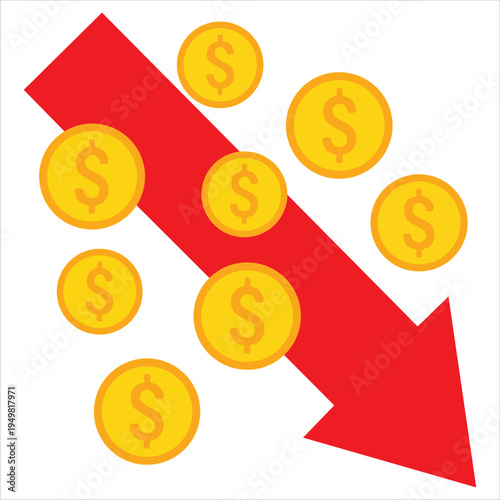 Dropping financial indicator with money for loss concept illustration