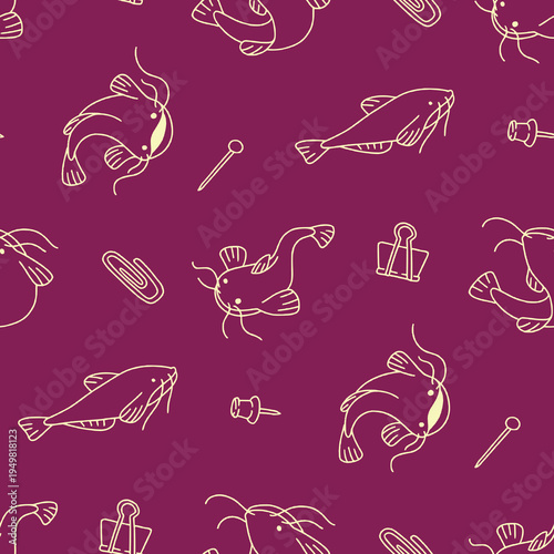 Outline Vector Seamless Pattern of Catfish Paperclip Background for Fashion Wrapping Print Fabric