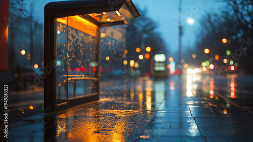 Empty bus stop in rainy city street with night reflections