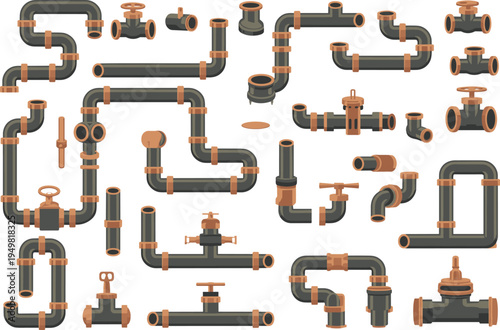 Industrial pipe system set, plumbing pipes valves connectors collection, metal pipeline elements illustration, mechanical engineering utilities design