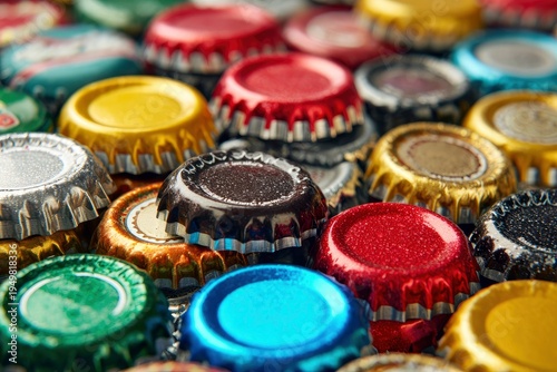 Colorful assorted bottle caps closeup.