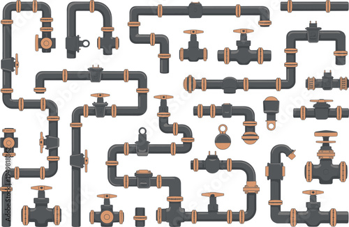 Industrial plumbing pipe system set, metal pipeline valves connectors collection, mechanical engineering utilities infrastructure pipes illustration elements