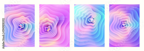 Modern abstract layered flower shape pastel gradient cover poster background design set in soft pastel hues. Four colorful abstract layered backgrounds featuring soft gradient pastels paper-cut.