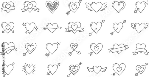 Hand drawn heart sketches with arrows and banners for romantic illustrations