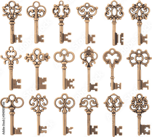 Vintage ornate brass keys collection, antique skeleton key set, Victorian decorative metal keys, steampunk fantasy lock mechanism illustration