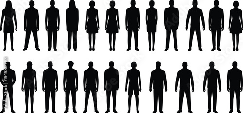 Two rows of fourteen people in silhouette standing facing forward against a white background group