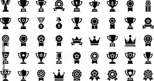 Set of 30 trophy icons vector, awards, medals, and crowns