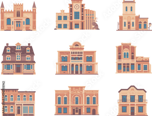 Vintage western town buildings set, classic frontier architecture collection, historic old west houses and saloon facades illustration