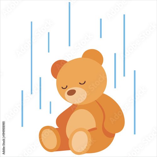 Abandoned teddy bear in autumn rain on white background vector illustration of loneliness and melancholy for mental depression concepts