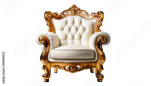 Elegant white and gold throne chair isolated PNG, luxurious royal armchair with tufte 