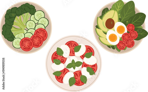 Healthy Salad and Mediterranean Appetizer Icon Set with Caprese, Avocado, Boiled Eggs, Tomatoes, and Cucumber for Nutrition Blogs and Restaurant Menus