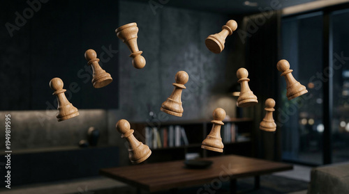 Wooden Chess Pawns Levitating and Flying in Mid-Air in a Dark Modern Living Room