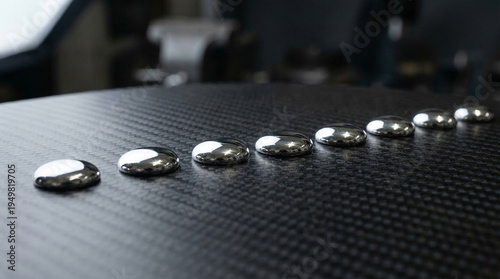 Reflective Liquid Metal Chrome Droplets in a Diagonal Row on Carbon Fiber Background