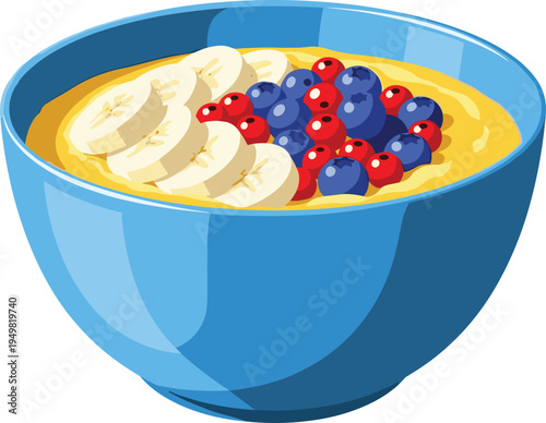 Healthy Breakfast Oatmeal Bowl with Banana Slices, Fresh Blueberries, Raspberries, Creamy Yogurt Base in Blue Bowl Vector Illustration for Nutrition, Fitness, Morning Meal, Diet and Food Blog Designs