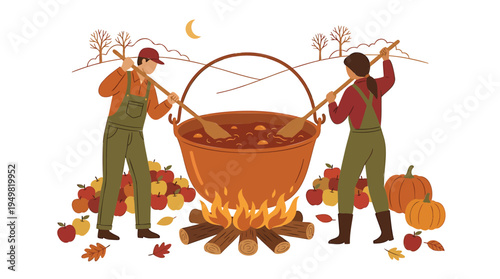People cooking stew outdoors with pumpkins and autumn leaves on fire