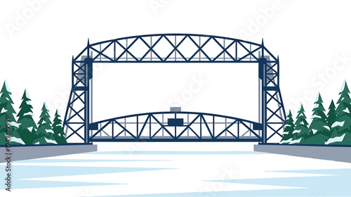 A steel bridge spans a frozen river surrounded by evergreen trees