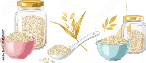Healthy Oatmeal and Cereal Grains Set with Glass Jars, Ceramic Bowls, Spoons, and Wheat Ears for Breakfast Food and Organic Nutrition Designs