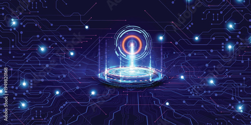 Futuristic hologram portal on glowing circuit board, blue neon digital technology background, virtual interface and sci fi data transmission