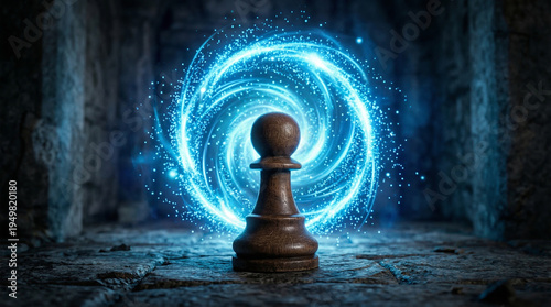 Surreal Wooden Chess Pawn Standing in Front of a Glowing Blue Magic Energy Portal Vortex
