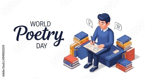 Illustration of a man sitting with books, writing on a notebook on World Poetry Day with a thoughtful expression.