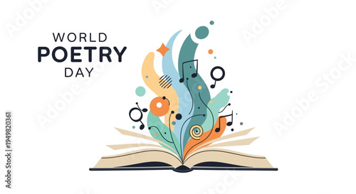 Vector illustration of an open book with colorful swirling lines and musical notes on World Poetry Day, celebrating literary arts and creative writing.