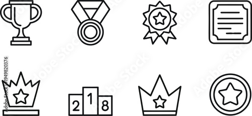 Medal, badge and crown line icons set for achievement, honor and premium recognition

