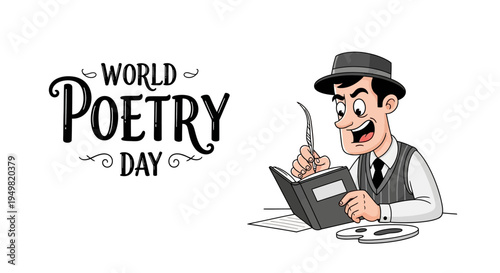 Cartoon illustration of a smiling man in a hat writing poetry on a typewriter next to World Poetry Day text on a white background with a poetic expression concept.