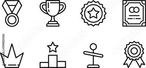 Trophy, award and achievement line icons set for success, recognition and competition themes

