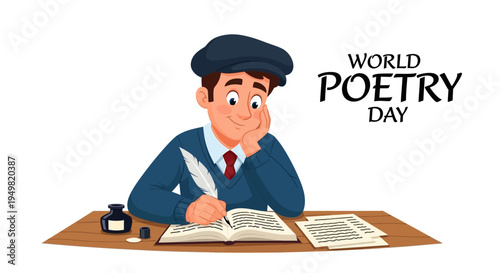 Illustration of a poet writing in a book with an inkwell on World Poetry Day with a literary arts concept.