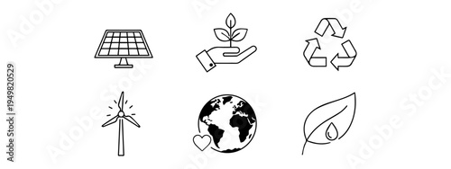 Set of Minimalist Line Art Icons for Sustainability, Renewable Energy, and Environmental Care