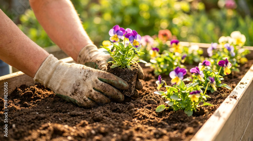 Gardener wearing gloves plants colorful pansy flowers in a wooden raised garden bed filled with rich soil, surrounded by vibrant greenery in a sunny outdoor setting