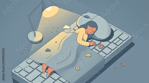 Screen fatigue concept: exhausted person sleeping on keyboard, fatigue low energy workday slowdown new normal pause