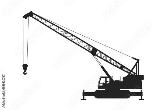 A black silhouette of a crane with a long boom and a hook isolated on white background, Vector, illustration