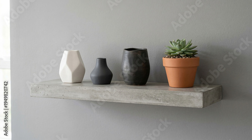 Floating Concrete Shelf with Modern Geometric Vases and Potted Succulent Plant