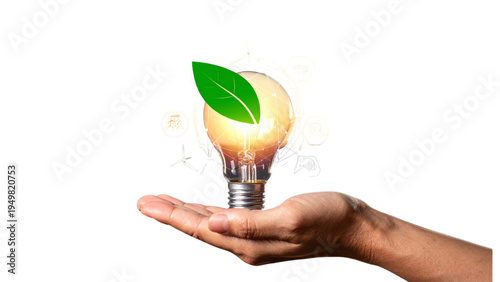 Creative light bulb set with icons for night mode learning inspiration and environmental leaf symbol for energy saving and sustainable green concept