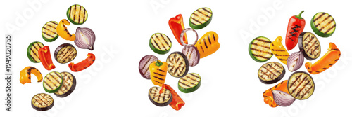 фотографія Set of Falling Grilled Vegetables Slices Including Zucchini Peppers and Red Onio